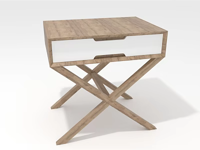 Wooden Bedside Table with Crossed Legs and Drawer Simple Modern Design Natural Wood Tabletop 3d model