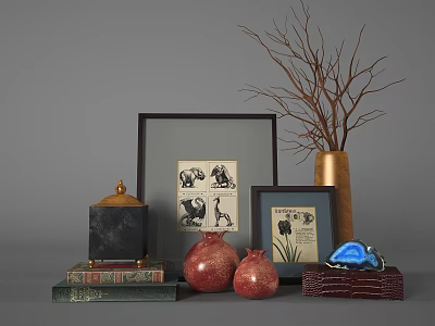 Elegant Decorative Ornament Set with Framed Pictures Golden Vase Twigs Pomegranate Ornaments Stacked Books Blue Decor 3d model