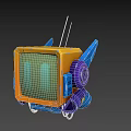 Animated Game Cartoon Robot Character With TV Shaped Head Screen Eyes Yellow Blue Body And Antenna