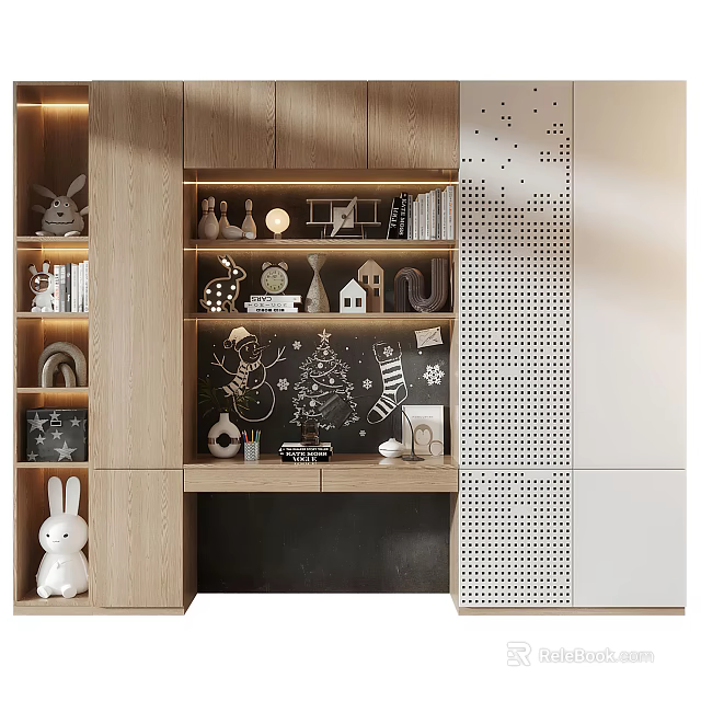 Modern Wooden Wardrobe Design with Display Shelves Chalkboard Wall and Decorative Ornaments 3d model 