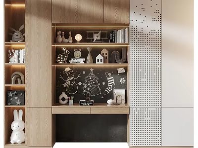 Modern Wooden Wardrobe Design with Display Shelves Chalkboard Wall and Decorative Ornaments 3d model