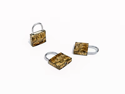 Three Golden Patterned Padlocks With Silver Shackles On White Background 3d model
