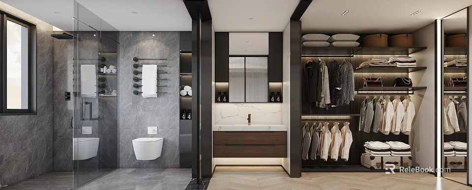 Modern Bathroom Interior Design With Gray Marble Walls Vanity Mirror And Wardrobe 3d model 
