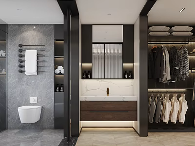 Modern Bathroom Interior Design With Gray Marble Walls Vanity Mirror And Wardrobe 3d model
