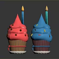 Colorful Cupcakes with Pink Blue Yellow Frosting Lit Candles and Sprinkles on Shiny Black Background