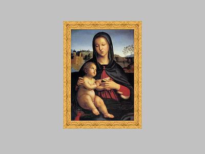 Classic Figure Painting of Woman Holding Baby in Red Clothing with Golden Frame and Landscape 3d model