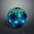 Artistic Colorful Sphere With Geometric Patterns And Luminous Dots On Dark Background