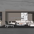 Modern Living Dining Room with Light Gray Sofa Marble Accent Wall and Round Coffee Table
