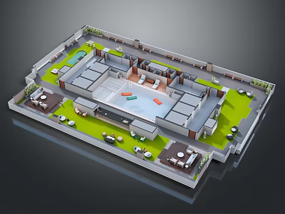 Courtyard Style Building Layout With Green Areas Swimming Pool And Patio Seating 3d model