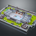 Courtyard Style Building Layout With Green Areas Swimming Pool And Patio Seating