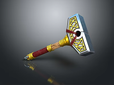 Silver Metal Head Hammer With Red Yellow Wrapped Handle And Geometric Patterns 3d model