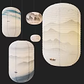 Elegant Beige And Blue Paper Pendant Lights With Mountain Patterns And Small Boat