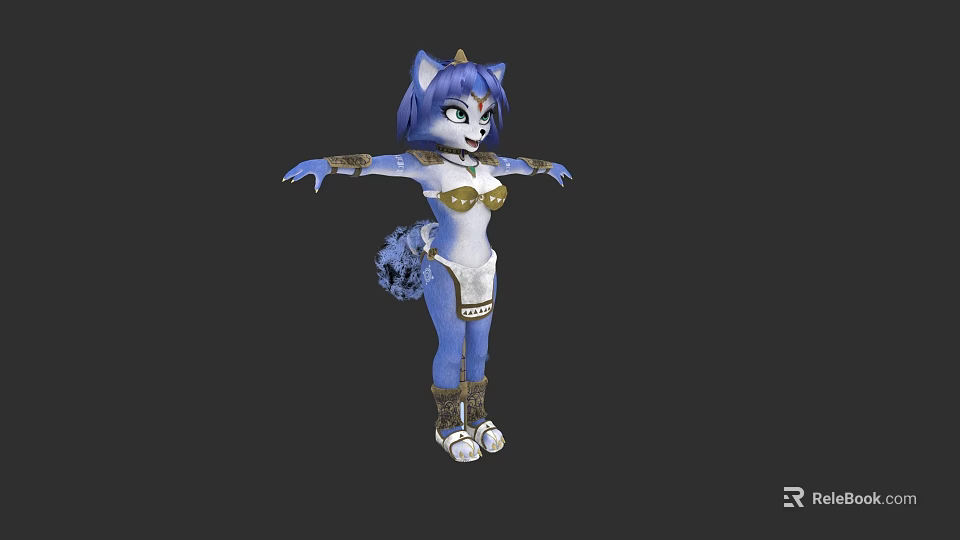 Blue Fur Cat Like Game Movie Character With Golden Crown And White Gold Outfit 3d model 
