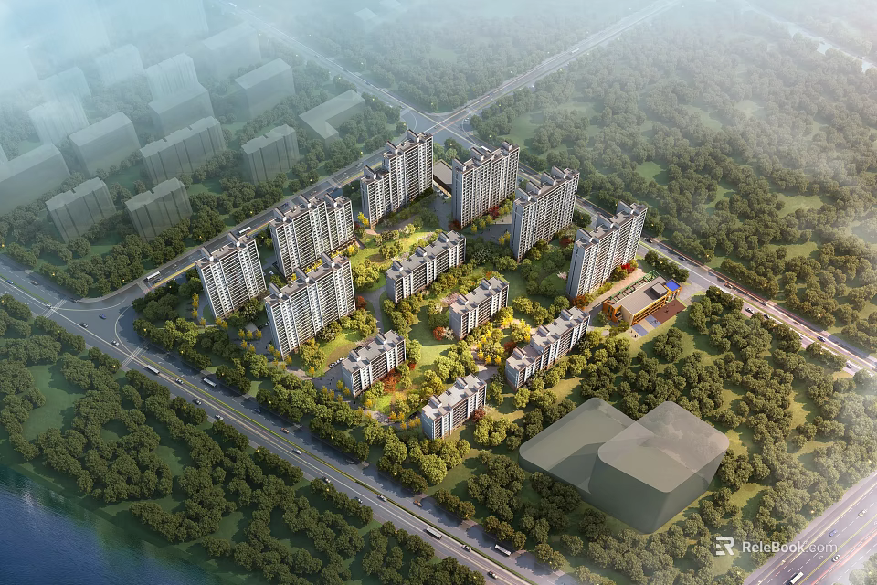 Aerial View Planning of Modern Residential Community with High rise Buildings Greenery and Roads 3d model 