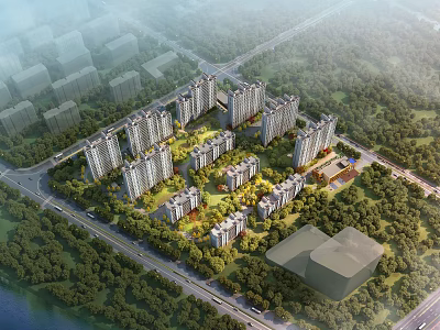 Aerial View Planning of Modern Residential Community with High rise Buildings Greenery and Roads 3d model