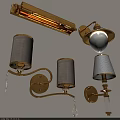 Tech Exhibition Hall Featuring Modern Golden Wall Lamps with Lampshades and Crystal Details
