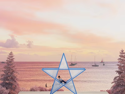 Scenic Photo Spot With Blue Star Structure Under Pink Sunset Sky By Sea With Sailboats 3d model