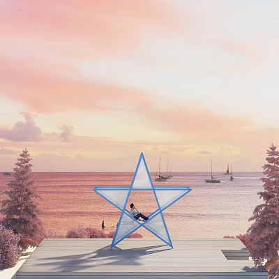 Scenic Photo Spot With Blue Star Structure Under Pink Sunset Sky By Sea With Sailboats 3d model