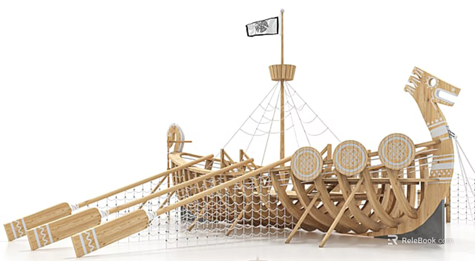 Ancient Wooden Ship With Wooden Oars Round Shields Mast Flag And Ropes 3d model 