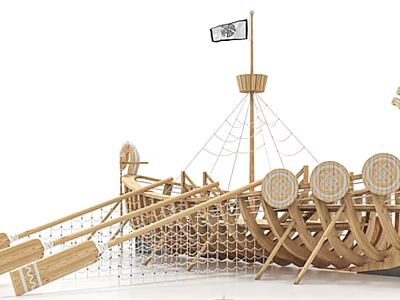 Ancient Wooden Ship With Wooden Oars Round Shields Mast Flag And Ropes 3d model