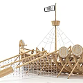 Ancient Wooden Ship With Wooden Oars Round Shields Mast Flag And Ropes