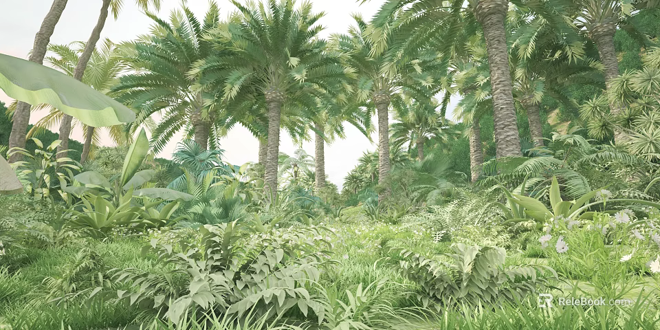 Tall Palm Trees Surrounded By Lush Green Plants In Tropical Garden 3d model 