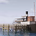 Vintage Wooden Steamship Docked at Pier with Cabin Over Blue Water