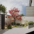 Modern Villa Balcony With Red Tree Greenery Lighting And Stone Floor 3d model