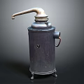 Vintage Metal Cylindrical Device With Curved Spout Base Legs And Red Handle Design