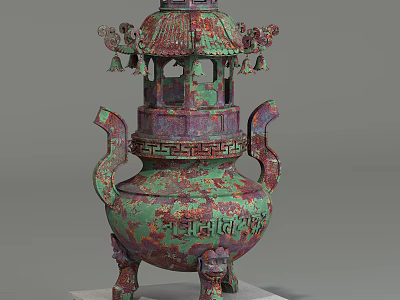 Traditional Bronze Ornamental Decorative Figurine Piece With Carved Patterns Hanging Bells And Inscribed Characters 3d model