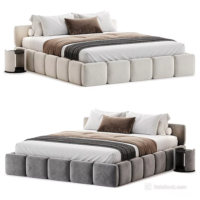 Modern Padded Velvet Double Bed Set With Matching Nightstand In Two Classic Neutral Colors 3d model 