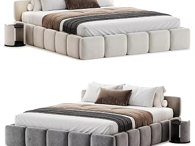 Modern Padded Velvet Double Bed Set With Matching Nightstand In Two Classic Neutral Colors 3d model