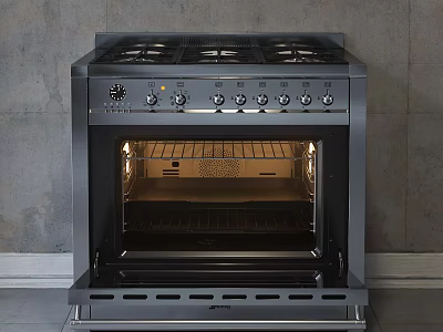 Stainless Steel Kitchen Appliance Featuring Gas Stove Burners Oven And Control Knobs For Cooking 3d model