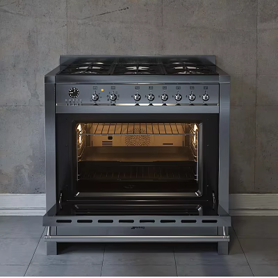 Stainless Steel Kitchen Appliance Featuring Gas Stove Burners Oven And Control Knobs For Cooking 3d model