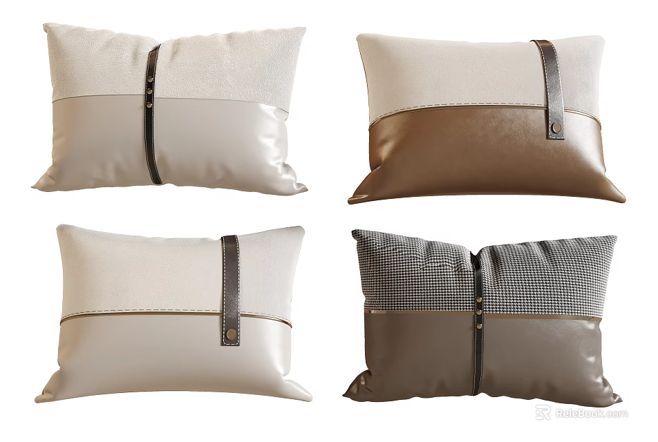 Modern Decorative Pillows With Leather Straps Fabric Mix And Checkered Patterns 3d model 