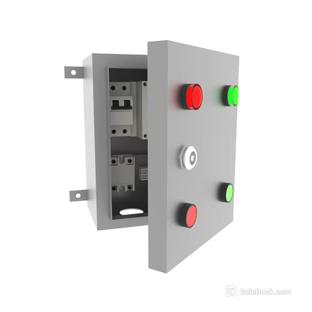 Industrial Control Panel Equipment With Red Green White Buttons Open Door And Internal Components 3d model 