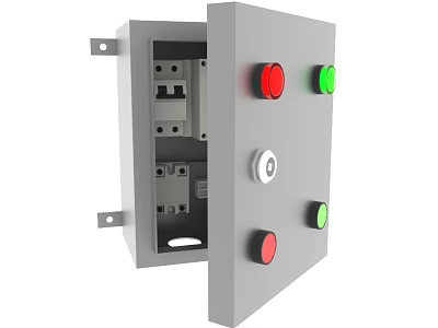 Industrial Control Panel Equipment With Red Green White Buttons Open Door And Internal Components 3d model