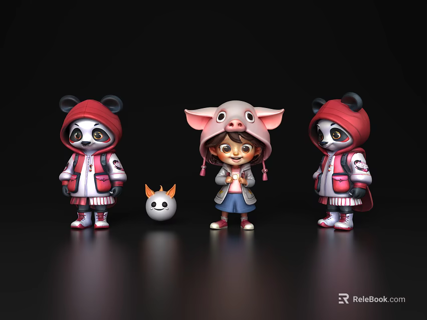 Three Cute Cartoon Characters In Panda Pig Hooded Outfits With Backpacks And Little Cat Doll 3d model
