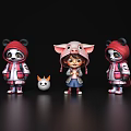 Three Cute Cartoon Characters In Panda Pig Hooded Outfits With Backpacks And Little Cat Doll 3d model