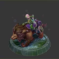 Warrior Character Riding Armored Lion Like Creature With Purple Saddle On Glowing Stone Base