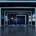 Modern Exhibition Hall Interior With Hanging Screens And Interactive Displays 3d model