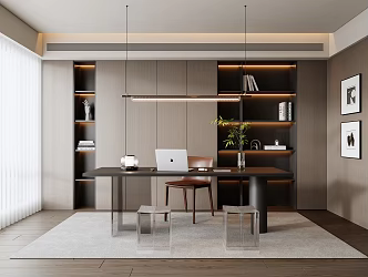Modern Italian Study Desk and Chair Combination Modern Study Bookcase Hanging Painting Acrylic Stool Acrylic Desk Single-Pipework Chandelier Leather Chair 3d model