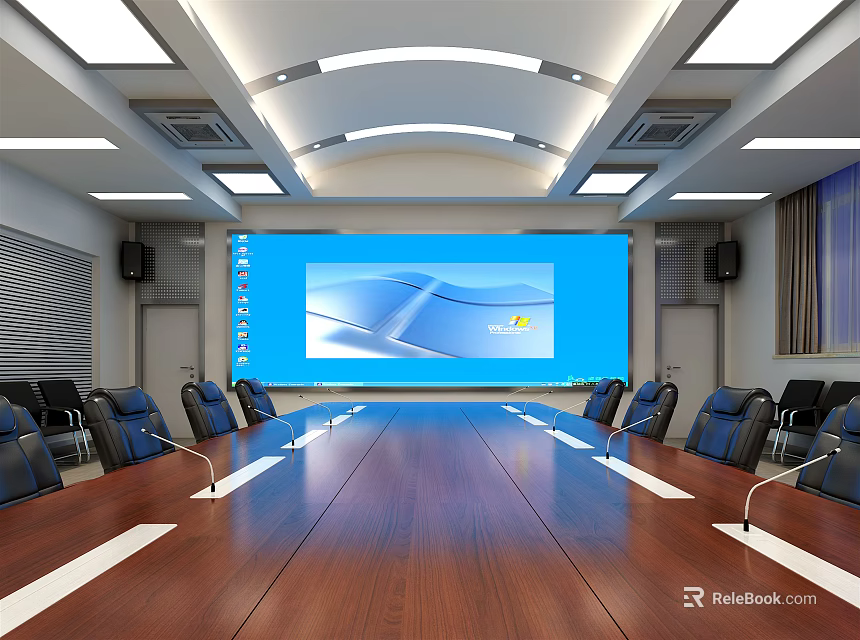 Modern Conference Room With Large Blue Projection Screen Wooden Table And Black Chairs 3d model 