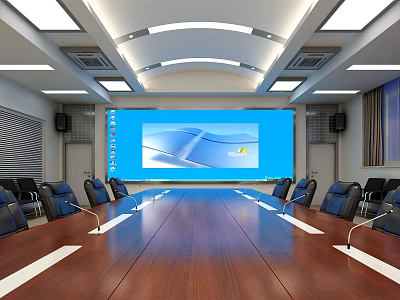 Modern Conference Room With Large Blue Projection Screen Wooden Table And Black Chairs 3d model