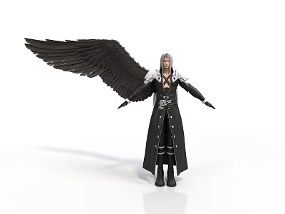 Man With Black Wings Silver Hair In Long Black Coat Spreading Arms 3d model
