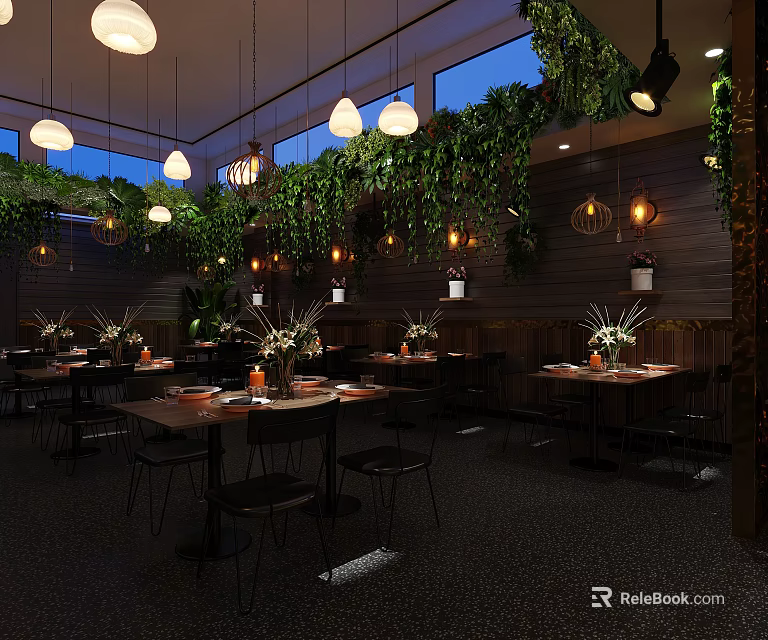 Modern Bar Interior Design With Lush Greenery Hanging Pendant Lights And Wooden Walls 3d model 