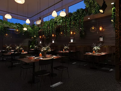 Modern Bar Interior Design With Lush Greenery Hanging Pendant Lights And Wooden Walls 3d model
