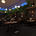 Modern Bar Interior Design With Lush Greenery Hanging Pendant Lights And Wooden Walls