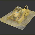 Yellow Lion Shaped Playground Slide With Brown Mane And Red Section On Stone Slab