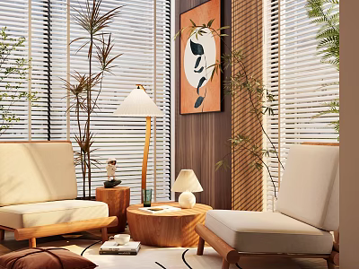 Modern Casual Sofa Set with Wooden Accents Green Plants and Table Lamp 3d model